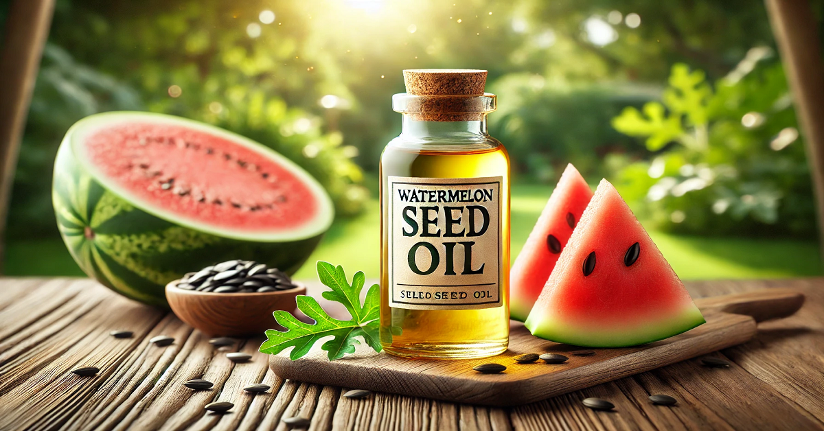 A vibrant outdoor setting showcasing a small glass bottle of watermelon seed oil with an elegant label. The bottle is surrounded by fresh watermelon slices and seeds, placed on a rustic wooden table. In the background, a soft-focus lush green garden with warm sunlight filtering through the trees creates a natural and inviting ambiance, highlighting the freshness and purity of the oil.