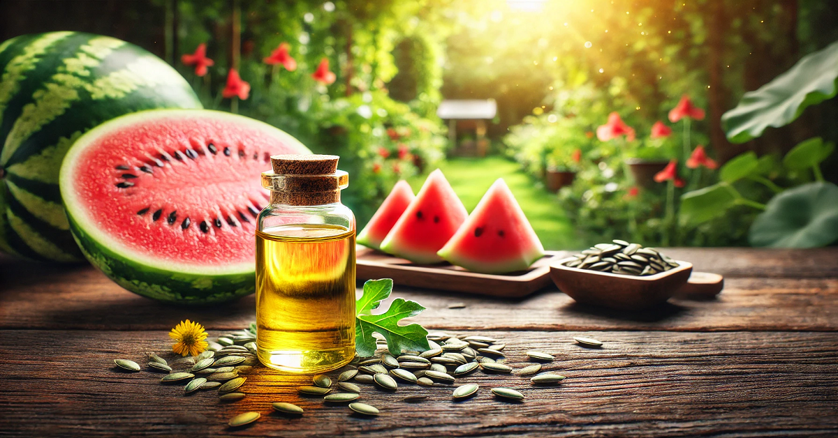 A natural outdoor scene featuring a small glass bottle of watermelon seed oil placed alongside fresh watermelon slices and seeds on a rustic wooden surface. The lush green garden in the background, illuminated by soft sunlight, highlights the oil's health benefits and its connection to nature and wellness