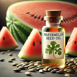 A high-quality image featuring a small glass bottle labeled 'Watermelon Seed Oil,' surrounded by fresh watermelon slices and seeds on a clean, natural surface. The soft, warm lighting and textured background highlight the purity and versatility of the oil, making it an inviting representation for the main article.