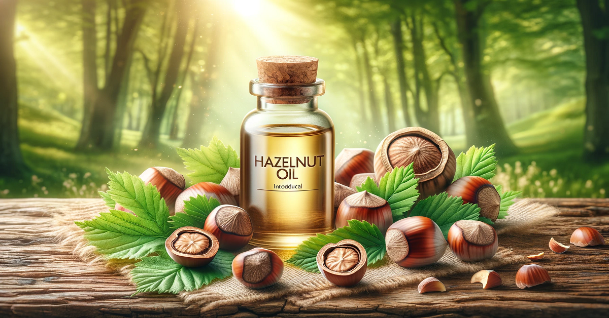 A serene outdoor image showcasing a small glass bottle labeled 'Hazelnut Oil,' surrounded by fresh hazelnuts, cracked shells, and green hazelnut leaves. The bottle is placed on a rustic wooden surface with a lush, vibrant natural background featuring soft sunlight filtering through the trees. The scene emphasizes the purity, health benefits, and natural origins of hazelnut oil