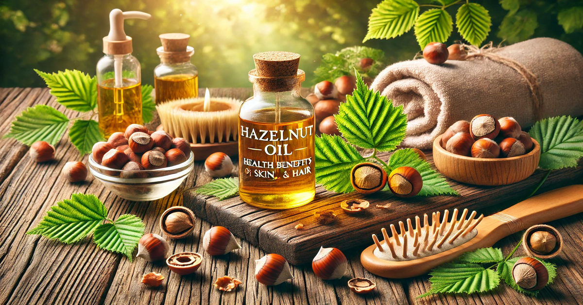 A wide outdoor image highlighting the health benefits of hazelnut oil for the body, skin, and hair. The centerpiece features a small glass bottle labeled 'Hazelnut Oil,' surrounded by fresh hazelnuts, cracked shells, and green leaves on a rustic wooden surface. Nearby are skincare items like a natural brush and towel, along with a comb symbolizing hair care. The lush, green background with soft sunlight filtering through the trees enhances the natural and wellness-focused theme of the oil.