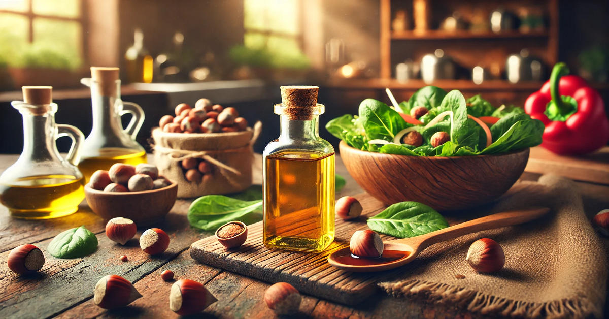 A wide kitchen-themed image highlighting the culinary uses of hazelnut oil. The centerpiece features a small glass bottle of hazelnut oil on a rustic countertop, surrounded by fresh hazelnuts, a wooden spoon, and a salad bowl filled with vibrant greens and vegetables. A drizzle of hazelnut oil is visible on the salad, showcasing its role in gourmet cooking. The warm, cozy kitchen background with subtle lighting emphasizes the inviting and flavorful qualities of the oil.