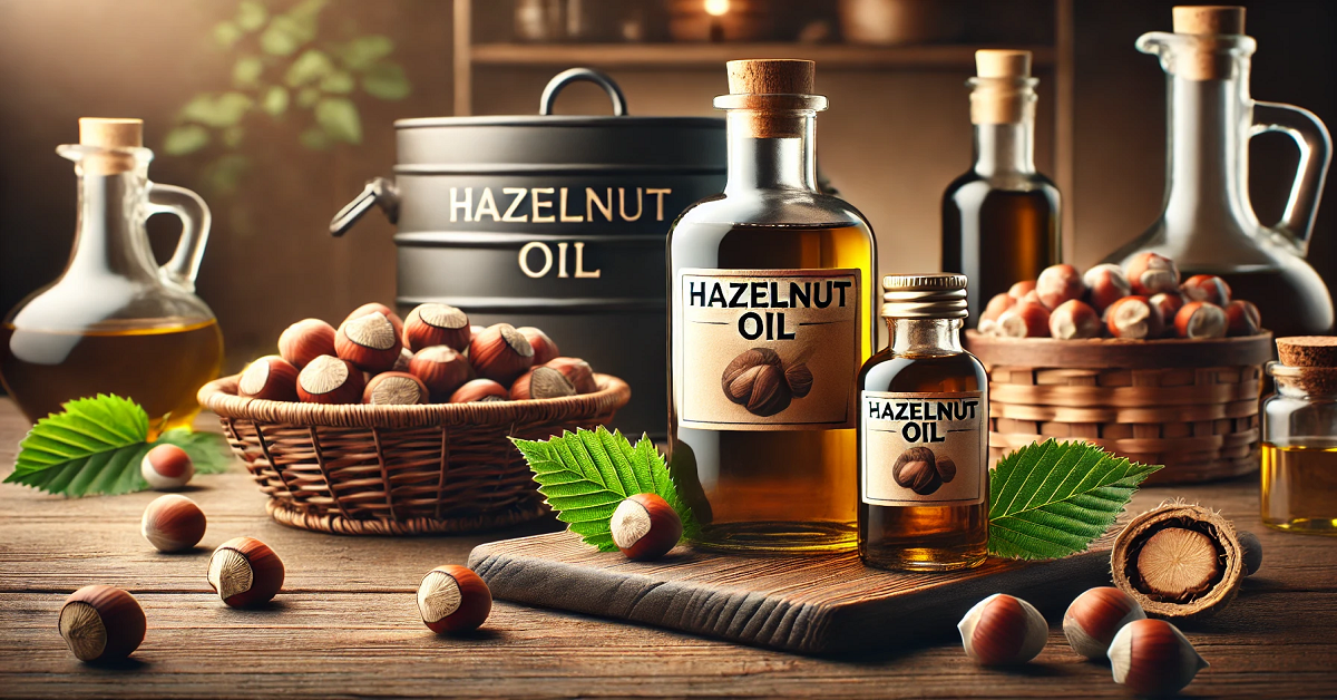 A wide indoor image highlighting the selection and storage of hazelnut oil. The centerpiece features a small glass bottle labeled 'Hazelnut Oil,' placed on a rustic wooden surface next to a basket of fresh hazelnuts and a dark storage container. Surrounding elements include green hazelnut leaves, emphasizing natural quality. The soft, warm indoor lighting creates a cozy atmosphere, focusing on the importance of proper storage to preserve the oil's freshness and nutrients