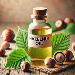 A compact image featuring a small glass bottle labeled 'Hazelnut Oil,' placed on a rustic wooden surface. Surrounding the bottle are fresh hazelnuts and green hazelnut leaves, with a soft, warm background highlighting the natural and pure qualities of the oil. The design is clean and minimalistic, ideal for representing the main article