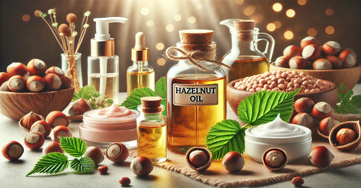 A wide image showcasing hazelnut oil in cosmetics. The scene features a glass bottle labeled 'Hazelnut Oil,' placed alongside natural skincare products like creams, serums, and essential oils. Fresh hazelnuts, cracked shells, and green leaves complement the setup on a clean, elegant surface. The soft, warm lighting and luxurious spa-like background emphasize the natural beauty and self-care benefits of hazelnut oil