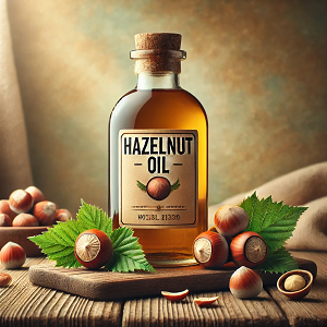 A visually appealing image featuring a slightly larger glass bottle labeled 'Hazelnut Oil,' placed on a rustic wooden surface. The bottle is surrounded by fresh hazelnuts, cracked shells, and green hazelnut leaves. The soft, warm background enhances the natural and inviting aesthetic, perfectly representing the essence of hazelnut oil for the main article