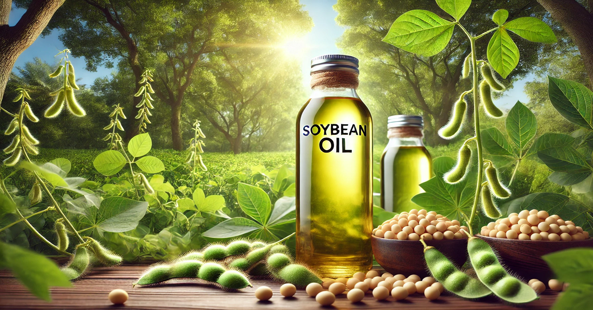 A wide outdoor image featuring a glass bottle labeled 'Soybean Oil' placed amidst lush greenery and fresh soybeans. The bottle is surrounded by green soybean pods and leaves, with tall trees and sunlight filtering through the branches in the background. The serene natural setting highlights the purity and natural origins of soybean oil.