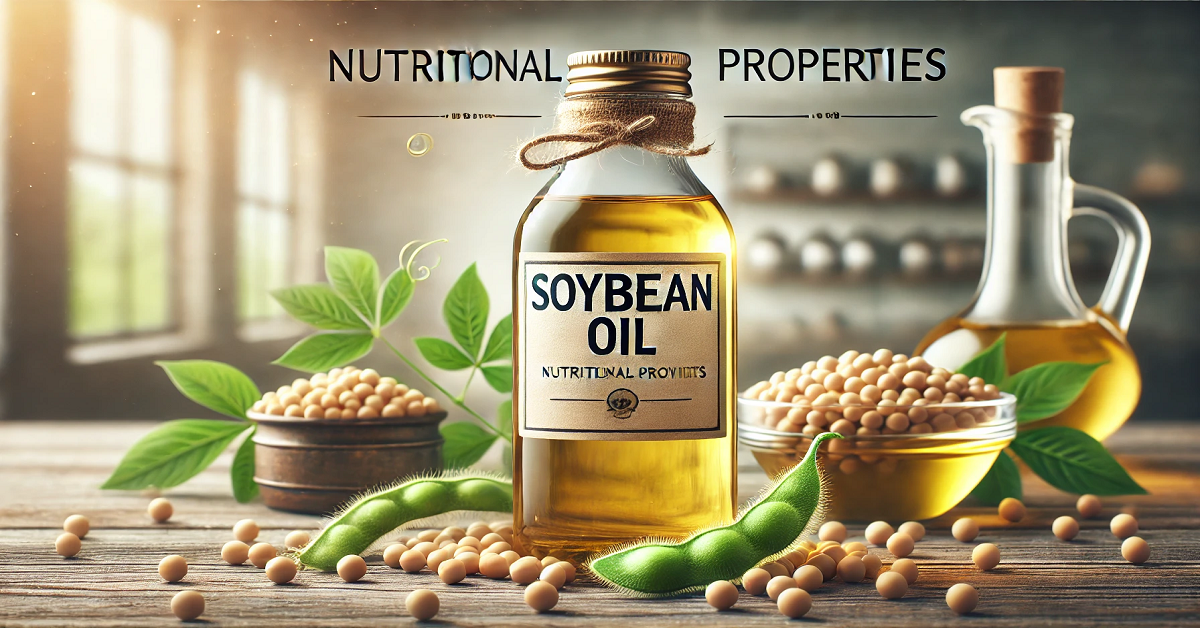 A wide image featuring a glass bottle labeled 'Soybean Oil' placed on a rustic wooden table surrounded by fresh soybeans, green soybean pods, and a small bowl of oil. The text 'Nutritional Properties' is elegantly displayed, emphasizing the health benefits of soybean oil. The background includes a warm kitchen setting with natural light, creating an inviting and wholesome atmosphere