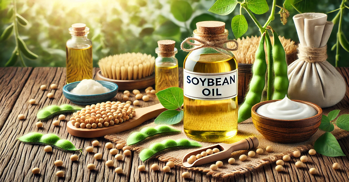 A wide image featuring a glass bottle labeled 'Soybean Oil' placed on a rustic wooden surface, surrounded by fresh soybeans, green pods, and a small bowl of oil. The setup includes skincare items like a brush and cream, along with a comb symbolizing hair care benefits. The background showcases a soft, natural setting with warm sunlight filtering through greenery, emphasizing the health benefits of soybean oil for the body, skin, and hair.