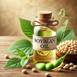 A compact image featuring a small glass bottle labeled 'Soybean Oil,' placed on a rustic wooden surface. The bottle is surrounded by fresh soybeans, green pods, and leaves, creating a natural and inviting look. The soft, warm background emphasizes the purity and versatility of soybean oil, making it ideal for the main article