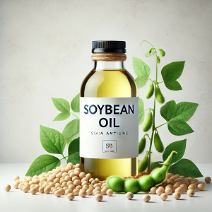 A clean and minimalistic image featuring a large glass bottle labeled 'Soybean Oil' placed on a white background. The bottle is surrounded by fresh soybeans and green pods, neatly arranged to highlight the natural and pure essence of soybean oil.