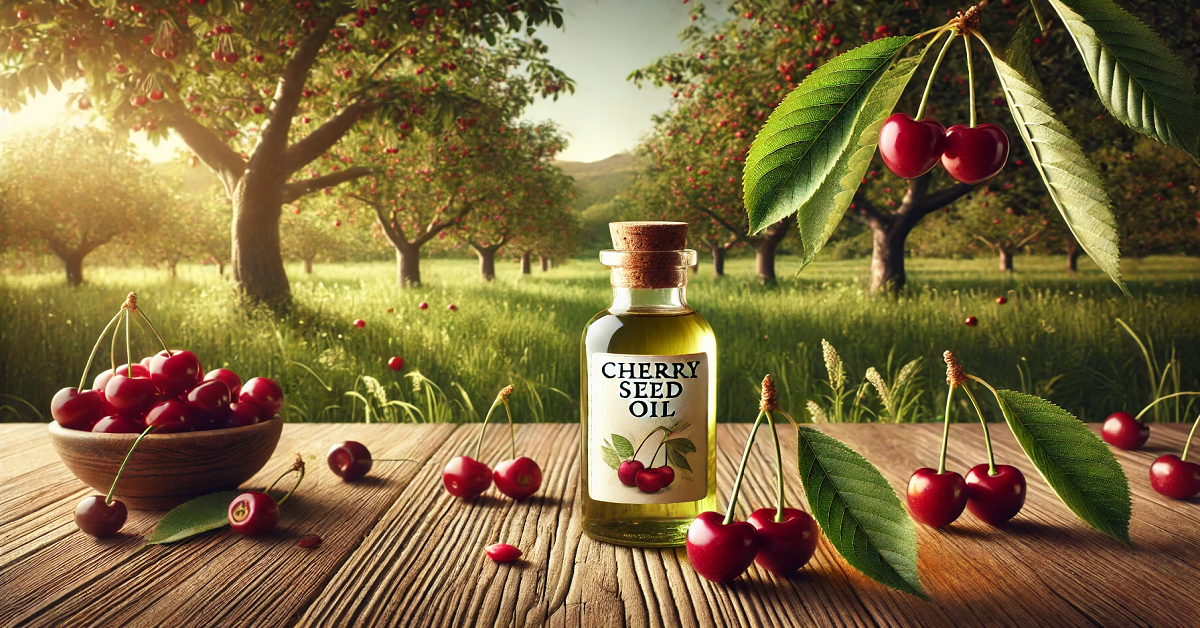 An image showcasing a picturesque natural setting with vibrant cherry trees in the background, adorned with ripe red cherries. In the foreground, a sleek bottle labeled 'Cherry Seed Oil' is placed on a rustic wooden surface, surrounded by fresh cherries and green leaves. The serene environment emphasizes the purity and natural origins of the oil, capturing its essence as a premium and organic product.