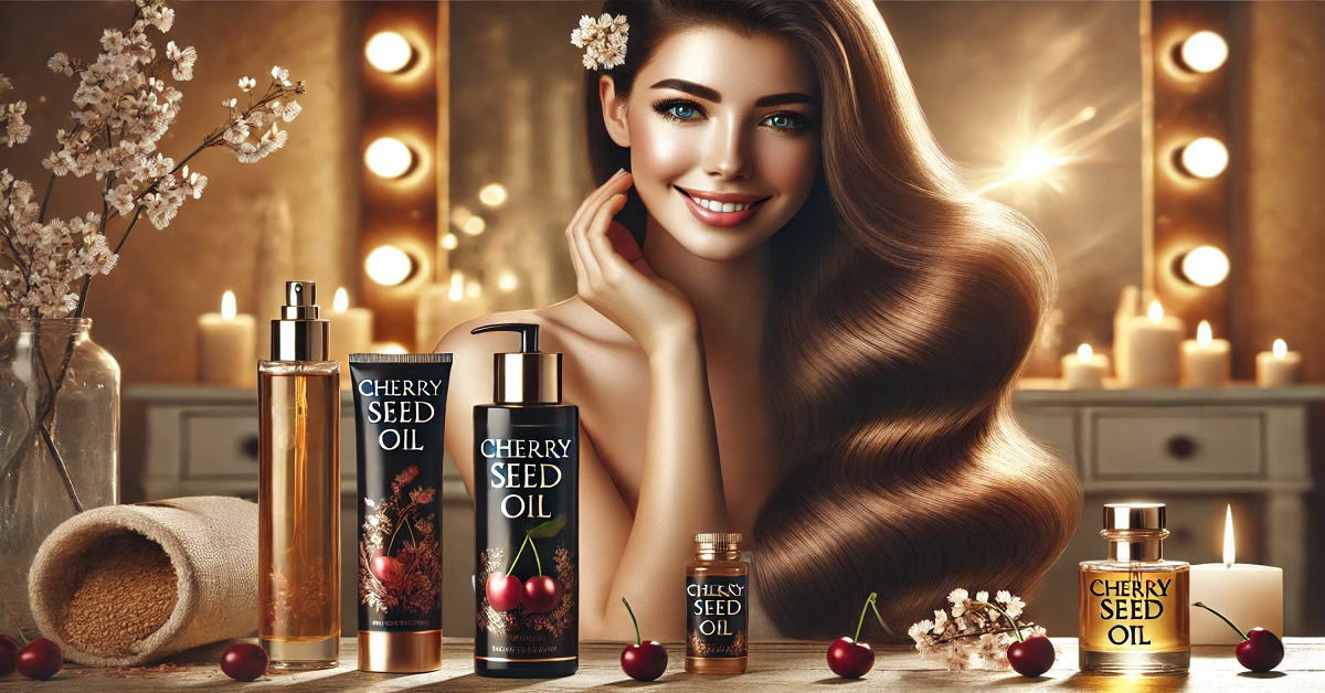 An elegant image showcasing the health benefits of cherry seed oil for skin and hair. A woman with long, shiny hair and glowing skin stands gracefully, exuding natural beauty. On a nearby vanity table, a collection of products labeled 'Cherry Seed Oil' is arranged, emphasizing the nourishing and hydrating properties of the oil. The scene reflects the luxurious and organic appeal of cherry seed oil for achieving radiant skin and healthy hair