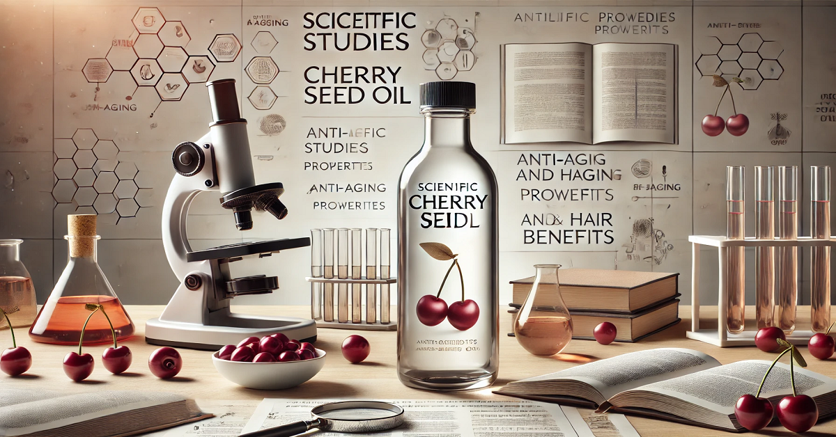 An image showcasing a sleek white bottle of cherry seed oil placed on a research table surrounded by scientific elements, including open books, research papers, and a microscope. The setting highlights the focus on studies related to cherry seed oil, with text emphasizing its anti-aging properties, skin and hair benefits, and other scientifically supported advantages. The scene exudes a clean, academic feel, enhancing the credibility of the product