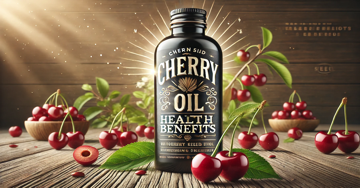 An image showcasing a sleek bottle of cherry seed oil elegantly placed on a rustic wooden surface, surrounded by fresh cherries and green leaves. The text 'Cherry Seed Oil Health Benefits' is prominently displayed in bold and elegant font, emphasizing the nourishing and organic qualities of the oil. The natural background with warm, soft lighting adds a serene and inviting feel to the composition.