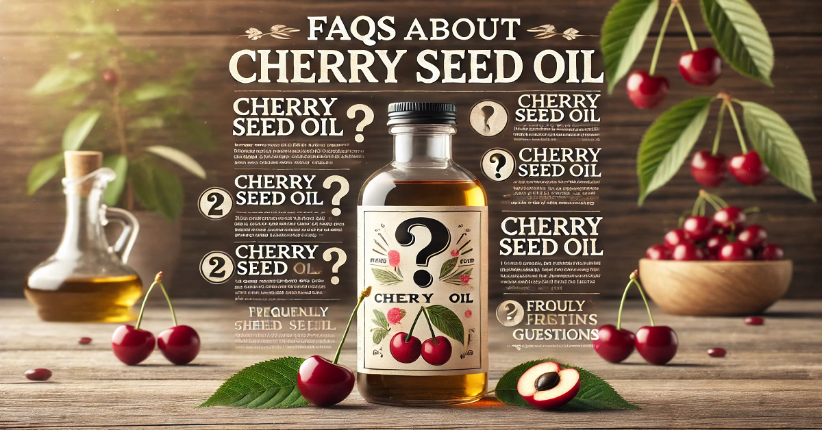 An engaging image featuring a transparent bottle of cherry seed oil placed on a rustic wooden table, surrounded by fresh cherries, green leaves, and symbols of question marks and exclamation marks. The text 'FAQs About Cherry Seed Oil' is displayed prominently in bold and elegant font, highlighting common inquiries about the product. The natural and warm background creates a sense of curiosity and invites viewers to explore the benefits and uses of cherry seed oil.