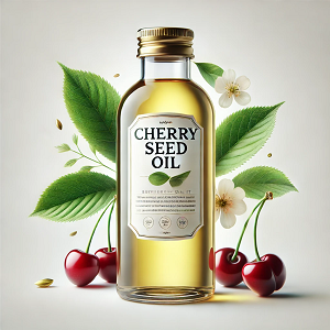 An elegant image showcasing a transparent bottle labeled 'Cherry Seed Oil,' filled with golden oil, set against a clean white background. The bottle is surrounded by fresh cherries, green leaves, and delicate cherry blossoms, emphasizing the natural and organic essence of the product. The minimalist design highlights the purity and premium quality of cherry seed oil, making it a perfect representation for the main article