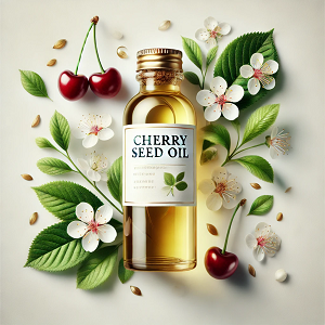 An elegant cover image for an article about cherry seed oil, featuring a transparent bottle labeled 'Cherry Seed Oil' filled with golden oil. The bottle is surrounded by fresh cherries, green leaves, and delicate cherry blossoms, set against a clean white background. The design highlights the natural, luxurious, and organic qualities of the oil, making it visually appealing and informative