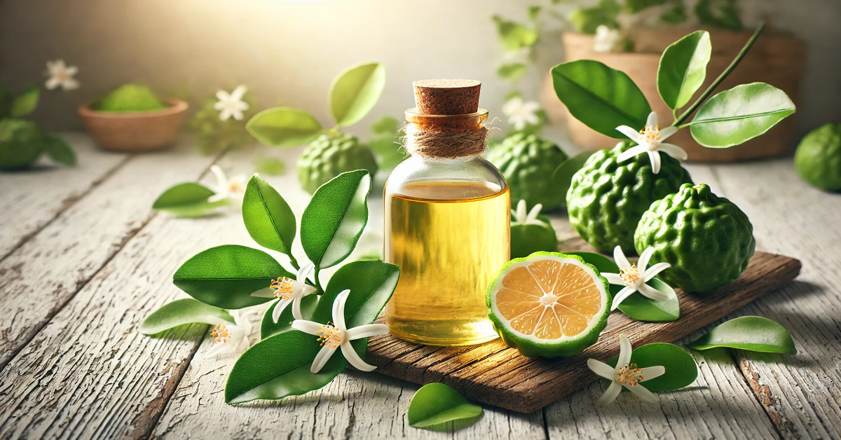 An elegant and inviting image featuring a bottle of bergamot oil placed on a rustic wooden surface, surrounded by fresh bergamot fruits, vibrant green leaves, and delicate white blossoms. The warm, soft lighting enhances the natural and organic essence of the oil, emphasizing its purity and connection to nature. The composition highlights the luxurious and therapeutic qualities of bergamot oil, making it an ideal introduction to its benefits