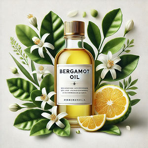 An elegant image featuring a transparent bottle labeled 'Bergamot Oil,' filled with golden oil. The bottle is surrounded by fresh bergamot fruits, both whole and sliced, along with vibrant green leaves and delicate white blossoms. Set against a clean white background, the composition highlights the natural and premium quality of bergamot oil, making it a perfect representation for the main article