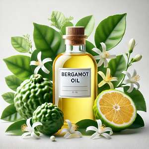 An elegant image featuring a large transparent bottle labeled 'Bergamot Oil,' filled with golden oil. The bottle is surrounded by fresh bergamot fruits, vibrant green leaves, and delicate white blossoms, set against a clean white background. The composition highlights the natural, premium quality of bergamot oil, making it a perfect visual representation for the article.