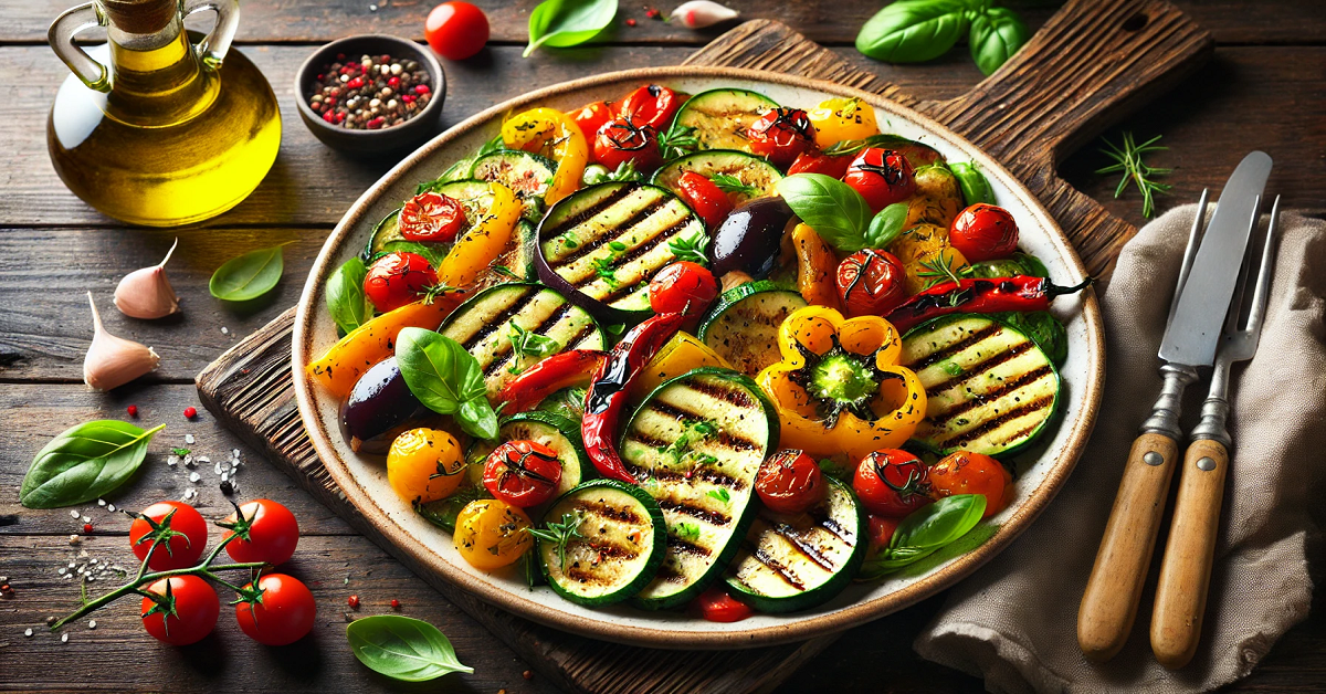 Photo of a grilled vegetable salad featuring a variety of colorful vegetables such as zucchini, bell peppers, eggplant and cherry tomatoes, gently grilled and garnished with fresh parsley and basil leaves. The plate is elegantly arranged on a wooden table, creating an attractive and appetizing appearance that enhances the appeal of the article about this healthy and delicious salad.