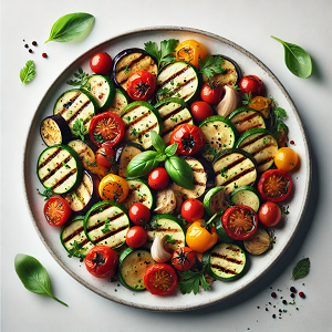 Main photo of roasted vegetable salad, showing a large plate containing a colorful mixture of zucchini, bell peppers, eggplant and gently roasted cherry tomatoes. The dish is decorated with fresh parsley and basil leaves, with a simple white background that highlights the beauty of the vegetables' natural colors and flavor.