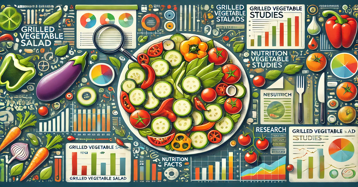 An illustration combining grilled vegetable salad with ingredients from scientific research, grilled vegetables such as zucchini, bell peppers, eggplant and cherry tomatoes appear alongside symbols of studies such as charts, books and a magnifying glass, to highlight the nutritional values ​​and scientifically proven health benefits of this delicious salad.