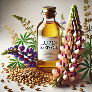 An image of a transparent bottle of Lupin Seed Oil, elegantly labeled 'Lupin Seed Oil,' surrounded by fresh lupin seeds and colorful lupin flowers. The natural and simple background highlights the organic and pure nature of the product, making it ideal as the main article image about the benefits of Lupin Seed Oil