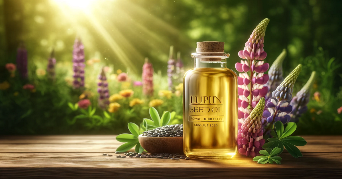 An introductory image of Lupin Seed Oil featuring a large transparent bottle filled with golden oil, labeled clearly with the product name 'Lupin Seed Oil.' The bottle is placed on a natural wooden surface, surrounded by lupin seeds and vibrant flowers, set against a lush green natural background with soft sunlight, emphasizing the organic and premium quality of the product.