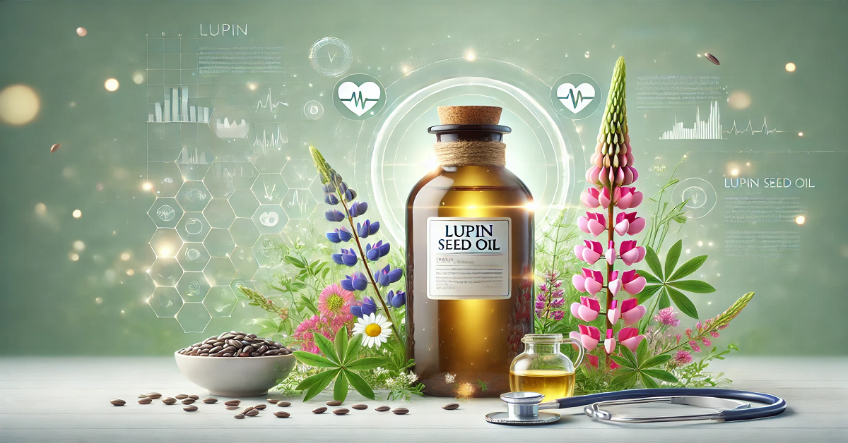 An image showcasing the health benefits of Lupin Seed Oil. It features a large transparent bottle labeled 'Lupin Seed Oil,' surrounded by fresh lupin seeds and vibrant flowers. Health-related symbols such as a heart, a stethoscope, and a wellness chart are included in the composition, set against a clean and bright background with soft green tones, emphasizing the oil's natural origins and its role in promoting overall wellness