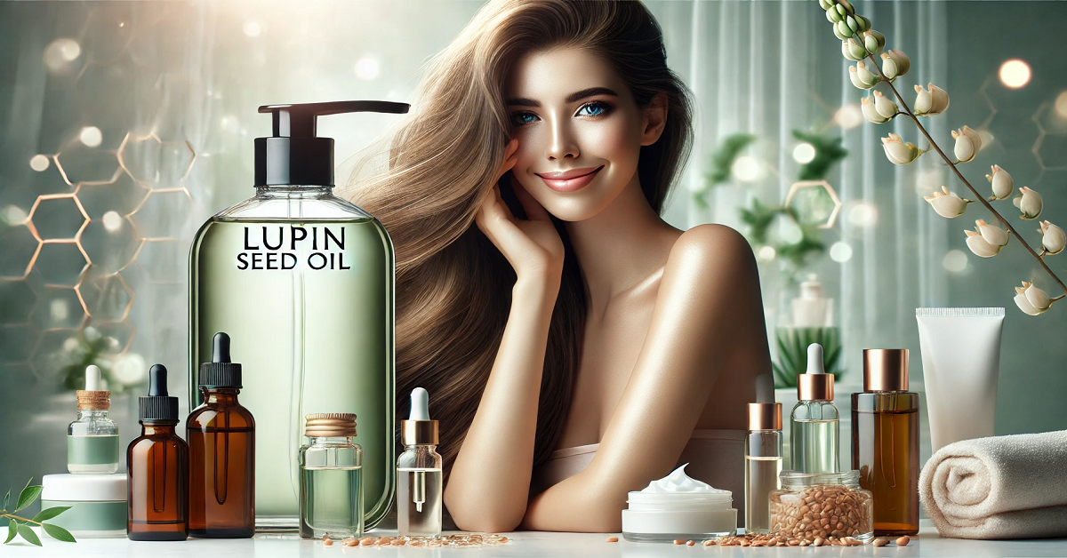 An image highlighting the skincare and haircare benefits of Lupin Seed Oil. It features a large transparent bottle labeled 'Lupin Seed Oil,' surrounded by luxurious haircare and skincare products such as creams and serums. A beautiful woman with long, silky hair and glowing skin is depicted, showcasing the oil's effectiveness in promoting healthy, radiant skin and strong, shiny hair. The setting is clean and elegant, with soft lighting and natural green tones emphasizing freshness and beauty