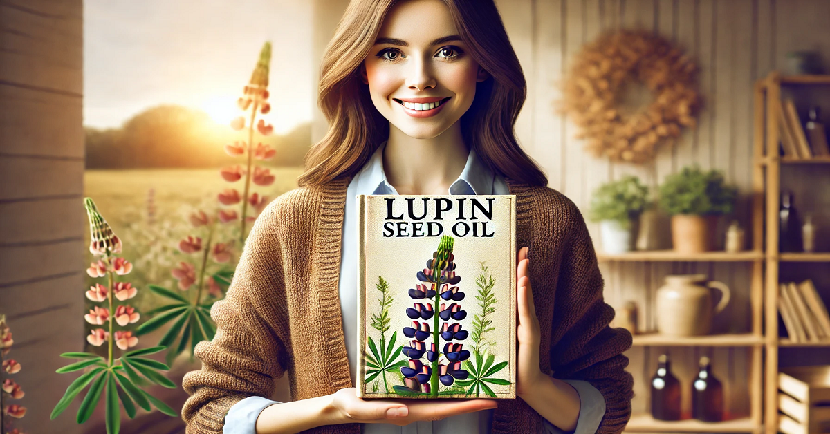 An inviting image showcasing a large transparent bottle of Lupin Seed Oil prominently displayed on a natural wooden surface. The bottle, labeled 'Lupin Seed Oil' in elegant font, is surrounded by fresh lupin seeds and vibrant flowers. The scene features warm, soft lighting and a natural, cozy ambiance, designed to captivate the reader and highlight the oil's versatility and benefits