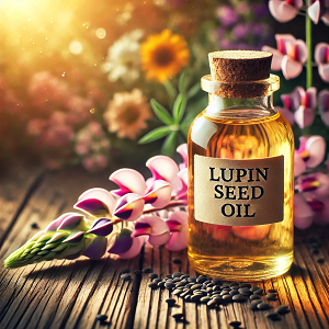 An image of a small transparent bottle labeled 'Lupin Seed Oil,' placed on a clean white surface. The bottle is surrounded by a few lupin seeds and delicate lupin flowers, highlighting the natural and pure essence of the product. The composition is minimalistic and professional, making it ideal for the main article image