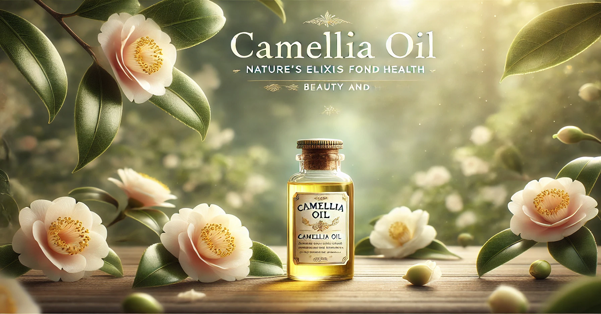 A wide banner featuring Camellia oil in a tranquil natural setting. The image showcases a small glass bottle labeled "Camellia Oil" placed on a rustic wooden surface, surrounded by fresh Camellia flowers. The soft golden hue of the oil is highlighted by natural light, with a blurred background of lush greenery, creating a serene and inviting atmosphere. The text "Camellia Oil: Nature's Elixir for Beauty and Health" is elegantly displayed, emphasizing its organic and rejuvenating qualities.