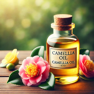 A visually appealing image of a large glass bottle of Camellia oil labeled "Camellia Oil," surrounded by vibrant Camellia flowers on a wooden surface. The golden hue of the oil is highlighted by soft natural lighting, creating a serene and inviting atmosphere. The background features a subtle blur of greenery, adding a natural and elegant touch to the composition, making it perfect for representing the main article on Camellia Oil.