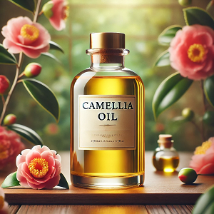 A visually captivating image showcasing a sleek, large glass bottle of Camellia oil labeled "Camellia Oil." The bottle is elegantly placed on a wooden surface surrounded by vibrant Camellia flowers, with soft natural lighting highlighting the oil's golden hue. The blurred green and floral background adds a serene and inviting touch, perfectly complementing the natural and luxurious theme of the website's homepage.