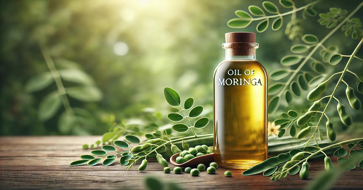 A wide banner showcasing Moringa Oil in a serene natural setting. The image features a sleek, large glass bottle labeled "Oil of Moringa," surrounded by vibrant green Moringa leaves and pods. The bottle is placed on a rustic wooden surface, with soft natural lighting highlighting the oil's golden hue. The blurred background of lush greenery adds a touch of elegance and tranquility, perfectly representing the purity and natural essence of Moringa Oil.