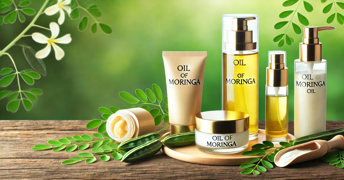 A wide banner featuring Moringa Oil with a complete skincare and haircare set. The composition includes a sleek glass bottle labeled "Oil of Moringa," surrounded by elegant jars and bottles of creams, lotions, and hair treatments. Fresh Moringa leaves and pods enhance the natural appeal, placed on a rustic wooden surface. The soft lighting emphasizes the golden oil and luxurious product packaging, while the blurred green background adds a serene and harmonious touch, showcasing the revitalizing benefits of Moringa Oil for skin and hair care.