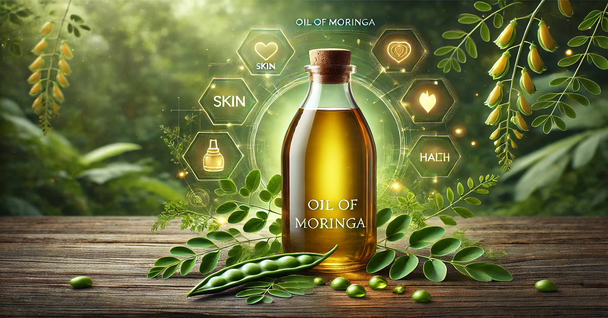 A wide banner showcasing the health benefits of Moringa Oil in a serene natural setting. The image features a sleek, large glass bottle labeled "Oil of Moringa," surrounded by vibrant green Moringa leaves and pods on a rustic wooden surface. Soft natural lighting highlights the oil's golden hue, symbolizing vitality and wellness. Subtle icons representing skin, hair, and overall health benefits blend harmoniously into the blurred green background, emphasizing the nourishing and versatile properties of Moringa Oil.