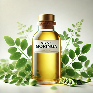 A sleek and elegant glass bottle labeled "Oil of Moringa" is prominently displayed on a clean white background. The bottle is surrounded by fresh Moringa leaves and pods, emphasizing its natural origins. The golden hue of the oil is highlighted by soft lighting, creating a minimalist and inviting composition, perfect for representing the main article on Moringa Oil.