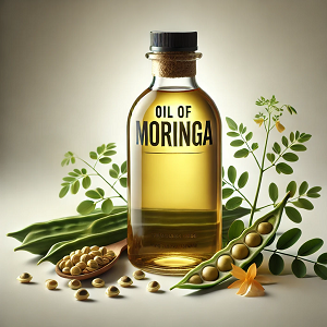 A sleek and elegant glass bottle labeled "Oil of Moringa" prominently displayed on a clean white background. The bottle is surrounded by fresh Moringa seeds, pods, and leaves, emphasizing its natural origins and purity. The golden hue of the oil is highlighted by soft lighting, creating a minimalist and sophisticated composition, ideal for a website homepage thumbnail.