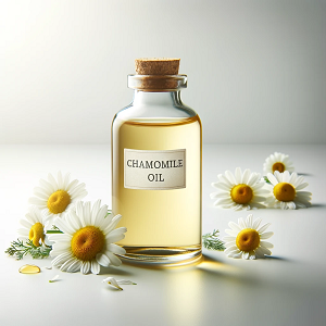 A sleek and elegant glass bottle labeled "Chamomile Oil" is prominently displayed on a clean white background. The bottle is surrounded by fresh chamomile flowers and delicate petals, emphasizing the oil's natural and soothing properties. The golden hue of the oil is illuminated by soft lighting, creating a minimalist and inviting composition, perfect for representing the main article on Chamomile Oil.