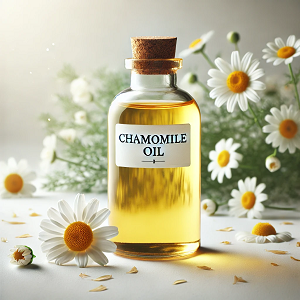 A prominently large glass bottle labeled "Chamomile Oil" displayed on a clean white background. The bottle is surrounded by fresh chamomile flowers and scattered petals, highlighting its natural and soothing properties. The golden hue of the oil is illuminated by soft lighting, creating a minimalist and elegant composition, perfect for representing the homepage of a website dedicated to Chamomile Oil.