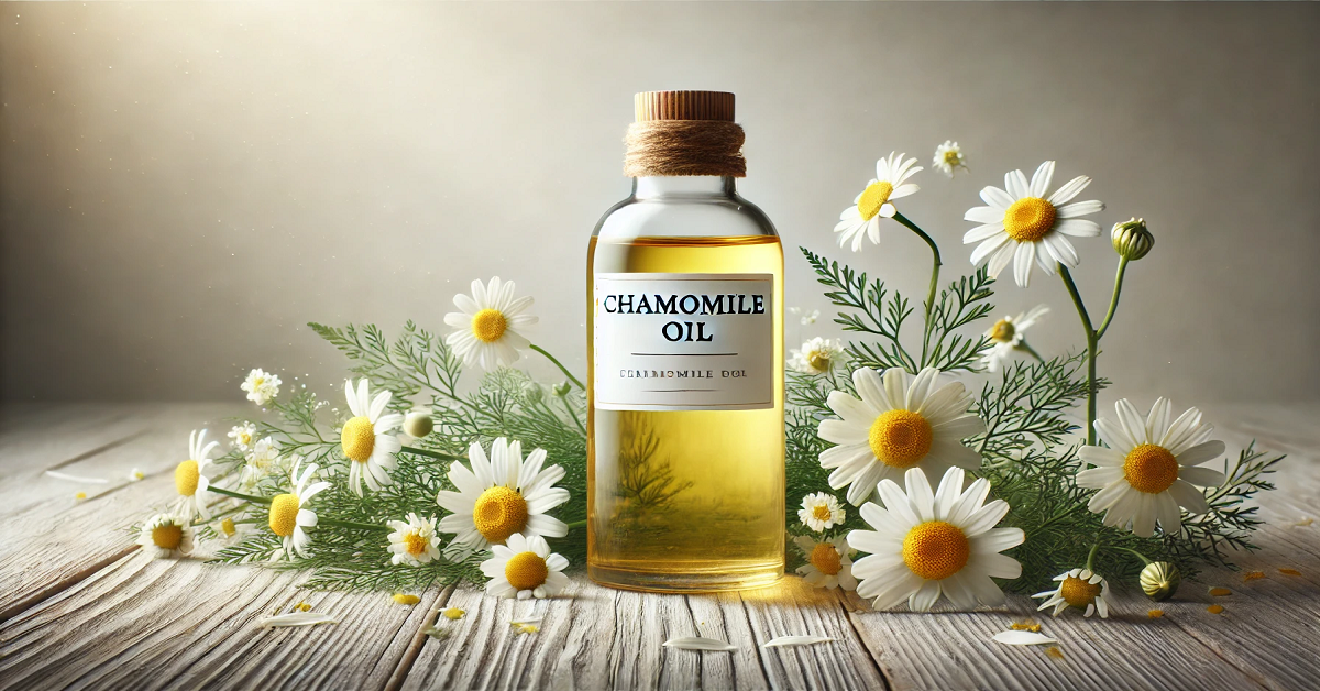 A wide banner showcasing Chamomile Oil in a serene and natural setting. The image features a sleek glass bottle labeled "Chamomile Oil," placed on a rustic wooden surface surrounded by fresh chamomile flowers and scattered petals. Soft natural lighting highlights the golden hue of the oil, creating a calming and inviting composition. The clean white background subtly transitions into touches of greenery, emphasizing the soothing and natural qualities of Chamomile Oil. Perfect for introducing its benefits and uses.