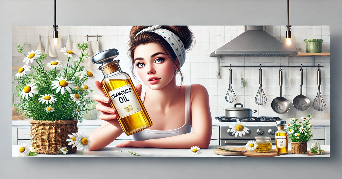 A wide image featuring a woman in a modern, bright kitchen holding a sleek glass bottle labeled "Chamomile Oil." She has a curious expression, appearing to question whether the oil is edible. The kitchen is stylish and welcoming, with chamomile flowers and subtle cooking ingredients arranged on the counter, emphasizing a natural and culinary theme. This composition captures the essence of exploring Chamomile Oil’s potential uses in cooking.