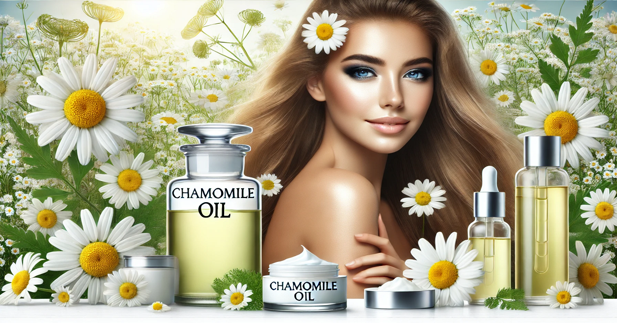 A wide banner featuring a radiant woman with glowing skin and shiny, healthy hair, highlighting the benefits of Chamomile Oil for beauty. The composition includes a sleek glass bottle labeled "Chamomile Oil" surrounded by luxurious skincare products such as creams, serums, and lotions. Fresh chamomile flowers add a natural touch, while the bright and serene background emphasizes wellness and elegance. This image perfectly represents the nourishing and rejuvenating properties of Chamomile Oil for skin and hair.