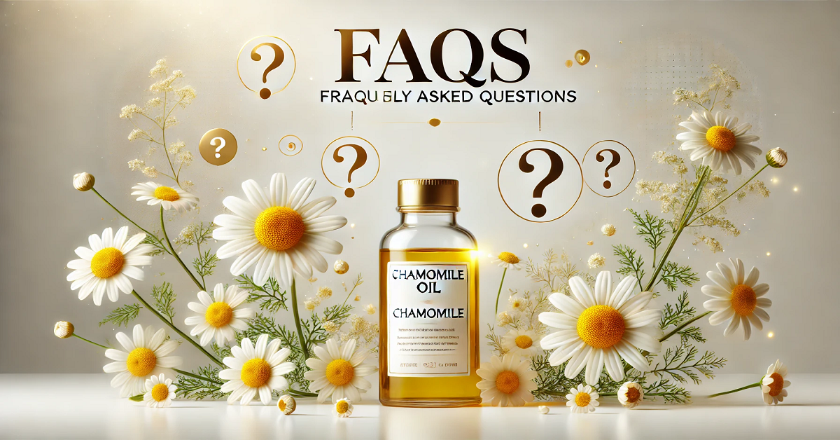 A wide banner featuring a sleek glass bottle labeled "Chamomile Oil," placed on a rustic wooden surface surrounded by fresh chamomile flowers and scattered petals. The design includes subtle question mark icons and speech bubbles, symbolizing frequently asked questions about Chamomile Oil. The bright and inviting background, paired with soft lighting, highlights the golden hue of the oil and the natural elements, creating a serene and informative visual.