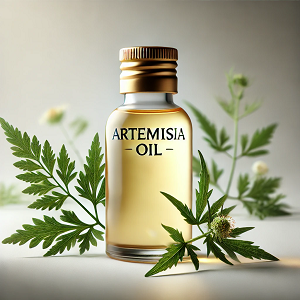 An extra-large glass bottle labeled "Artemisia Oil" prominently displayed on a clean white background. The bottle is surrounded by fresh Artemisia leaves, emphasizing its natural and organic qualities. The golden hue of the oil is illuminated by soft lighting, creating a minimalist and elegant composition, ideal for representing the homepage of a website dedicated to Artemisia Oil.