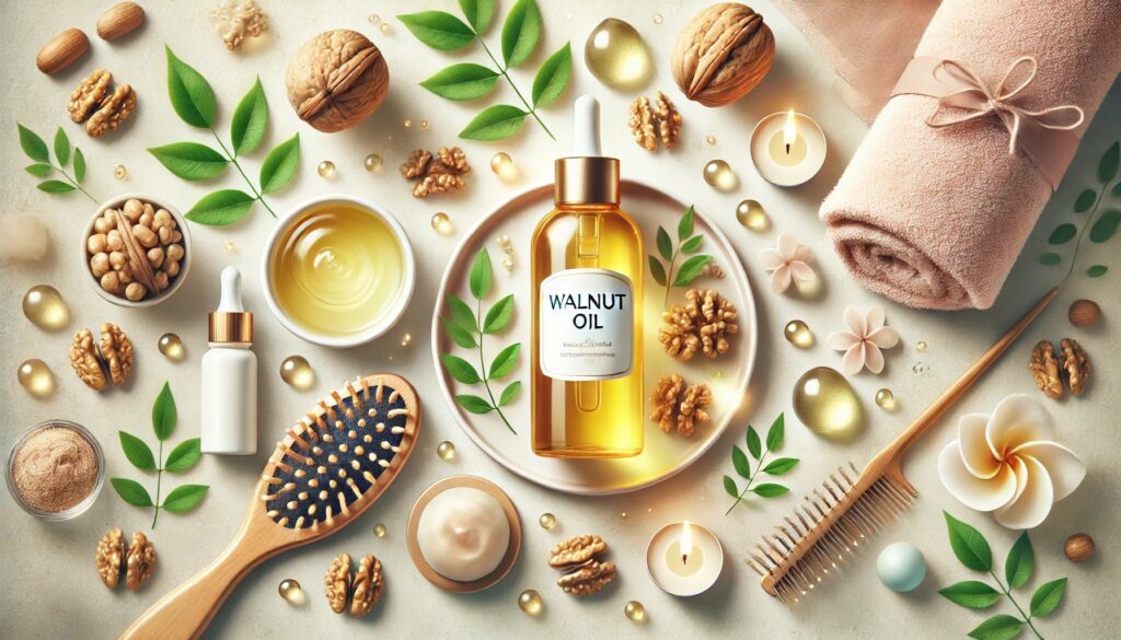 Benefits of walnut oil for hair and skin, showcasing its moisturizing, nourishing, and anti-aging properties that promote smooth skin and healthy, shiny hair.